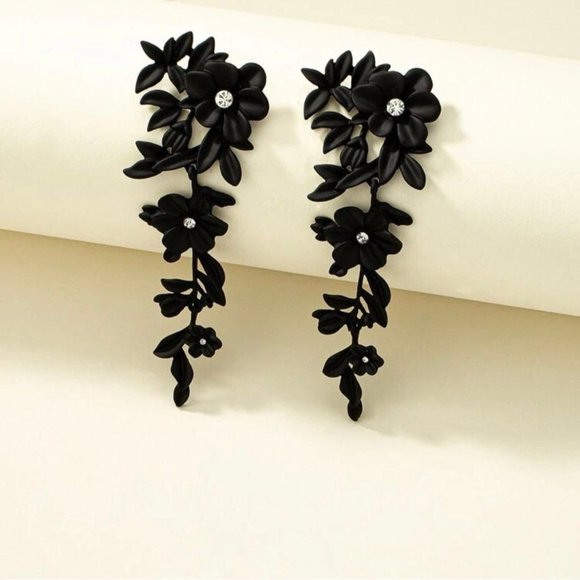 black flower earrings big rhinestone rose metal long wedding party  vine - Picture 2 of 4